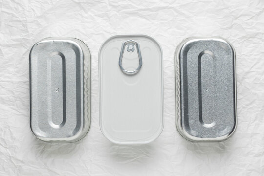 Canned food, top view. On white background.