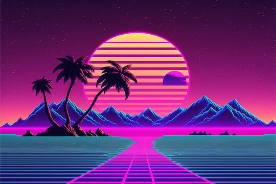 Vaporwave synthwave beach landscape with palm trees illustration, 