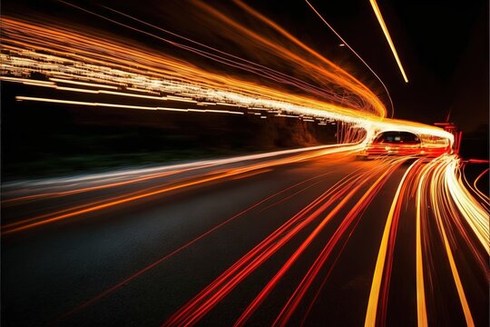  A Car Driving Down A Street At Night With Long Exposure Of Light Streaks On The Road And The Car Lights.