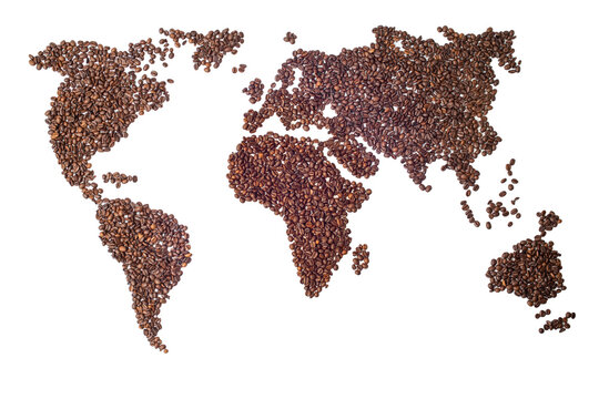 World map with continents made from roasted coffee beans