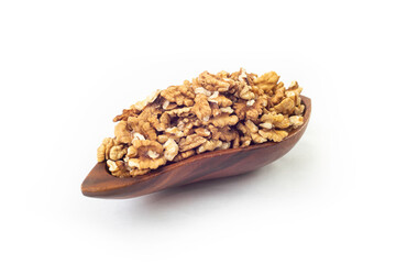 Wooden bowl full of walnuts, isolated on white