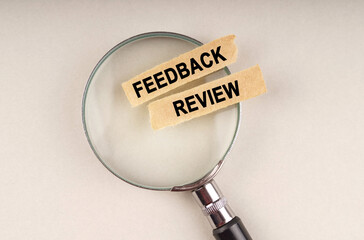 On the magnifying glass are paper strips with the inscription - FEEDBACK REVIEW