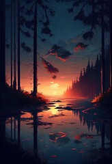 Beautiful Anime Sunset Scenery Forest. AI generated art illustration.	