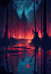 Fototapeta premium Beautiful Anime Sunset Scenery Forest. AI generated art illustration. 