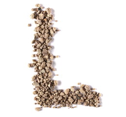 Clods of dry dirt, alphabet letter L, soil isolated on white, clipping path