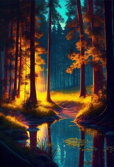 Beautiful Anime Sunset Scenery Forest. AI generated art illustration.	