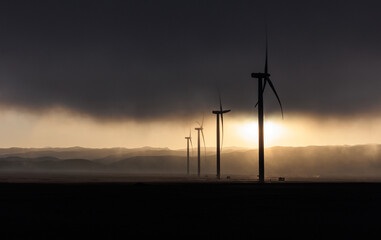 Obraz premium Wind generation towers in the sunlight during sunrise