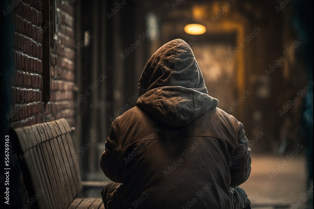 Wall mural  a person sitting on a bench in a dark alleyway with a hood on their head and a light on. Generative AI