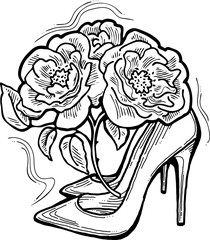 Beautiful decorative composition. High heels shoes decorated with rose flowers. Wedding style invitation, fashion poster, postcard print, shoe shop logo design, shopping sale promotion. Hand drawing.