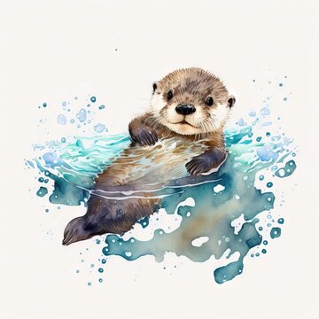  a watercolor painting of a sea otter swimming in the ocean with bubbles on the water and a white background. generative ai
