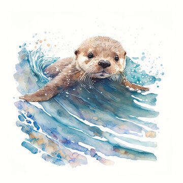  a watercolor painting of a sea otter swimming in the ocean with a white background and blue watercolors. Generative AI