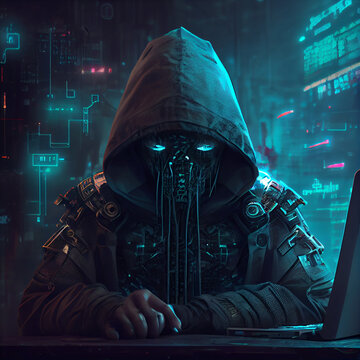 Computer hacker from future, futuristic fision of computer hacking, generative ai