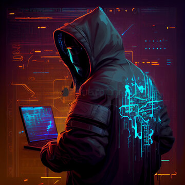 Computer hacker from future, futuristic fision of computer hacking, generative ai