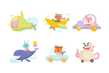 Cute baby animals using vehicles set. Adorable dog, tiger, panda, rabbit, octopus flying by plane, ride car and boat cartoon vector illustration