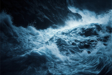 Powerful ocean waves at night. Created with generative AI.