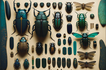 Display of colorful exotic beetle insects. Created with generative AI. - obrazy, fototapety, plakaty