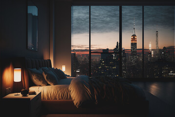 High rise apartment bedroom with large window view of a city. Upscale urban condo. Created with generative AI.