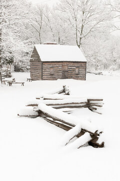 Slave quarters at Sully Plantation covered in snow.