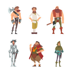 Medieval historical characters set. Peasant, king, knight, warrior cartoon vector illustration