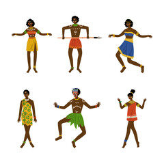 Fototapeta premium Dancing African people set. Aboriginal men and women in bright ethnic clothing performing folk or ritual dance cartoon vector illustration