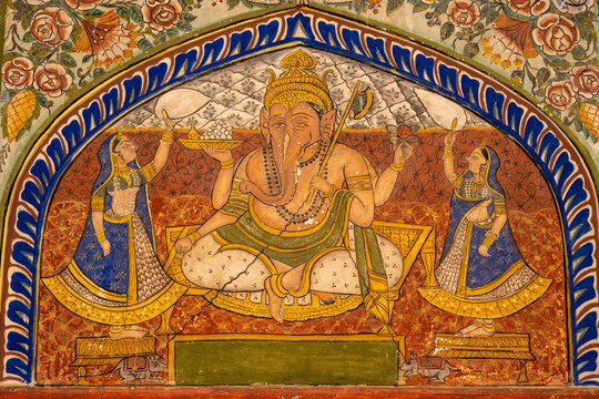 Fresco of the deity Lord Ganesh, the Elephant headed God, in an alcove of a Painted Haveli; Nawalgarh, Shekawati, Rajasthan, India