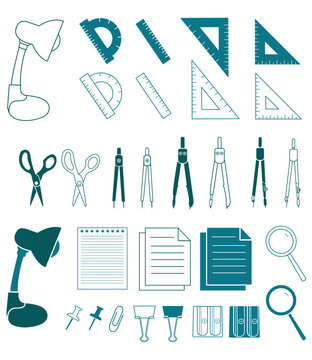 stationery appliance icon collection in line drawing and silhouette style. Vector illustration of office desk tools isolated on white background