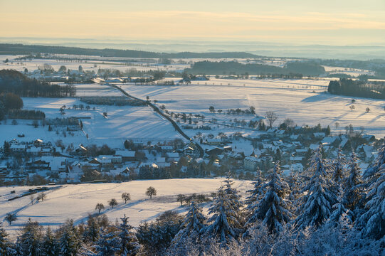 View from the mountain on winter morning over countryside, Katzenbuckel; Waldbrunn, Odenwald, Baden-Wurttemberg, Germany
