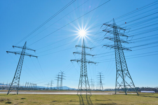 Electricity pylons in countryside; Hesse, Germany