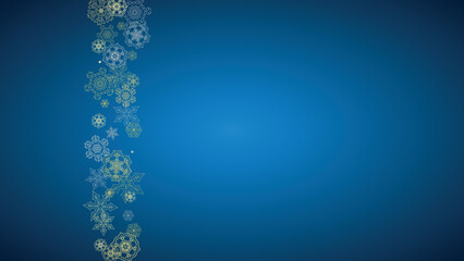 New Year frame with gold snowflakes on blue background. Horizontal  Christmas and New Year frame for gift certificate, ads, banner, flyer, sales offers, event invitations. Glitter snow with sparkle