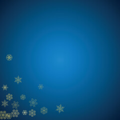 New Year snow on blue background. Gold glitter snowflakes. Christmas and New Year snow falling backdrop. For season sales, special offers, banners, cards, party invites, flyers. Frosty winter on blue.