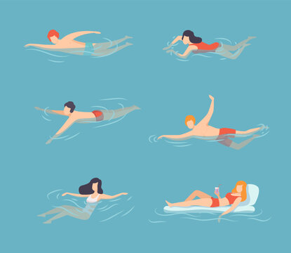 People swimming in water set. Men and women swimming and relaxing in pool, sea at summer vacation flat vector