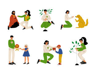 Volunteers set. People planting trees, helping homeless and children, feeding dogs cartoon vector illustration