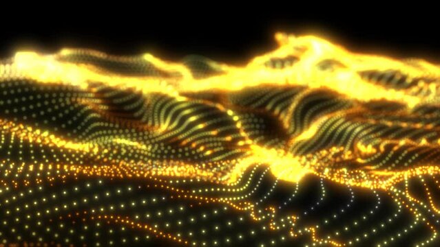 Abstract yellow futuristic waves from a grid of particles lines glowing bright shiny neon digital magical energy on a dark background. Abstract background. Video in high quality 4k, motion design