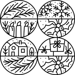 Christmas Vector logo advent composition hat, gift box, toys, garland, fir tree and snowflake. Hand drawn monoline winter constructor in square frame for greeting card