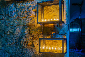 Traditional Menorahs (Hanukkah Lamps) with olive oil candles, Jerusalem