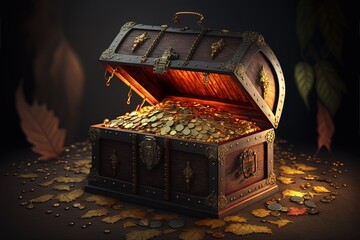illustration of opened treasure chest full of gold coins and jewelry with glow light
