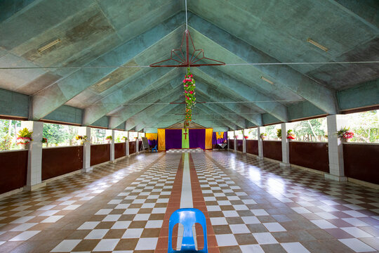 Open sided church hall on Kitava in the Trobriand Islands, Papua New Guinea; Kitava Island, Trobriand Islands, Papua New Guinea