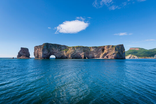 Perce Rock in the Gulf of Saint Lawrence, Bonaventure Island and Perce Rock National Park; Perce, Quebec, Canada