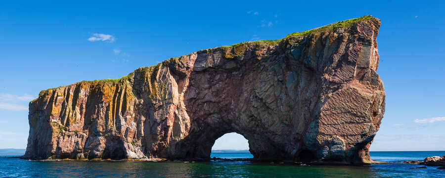Perce Rock in the Gulf of Saint Lawrence, Bonaventure Island and Perce Rock National Park; Perce, Quebec, Canada