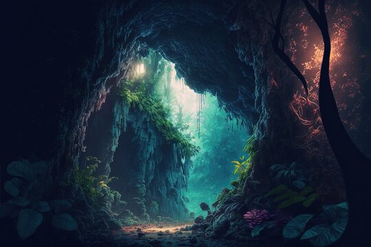 Illustration Of Cave Path Way Open To Open Air Are, Jungle With Dense Tree With Light Shine From Above