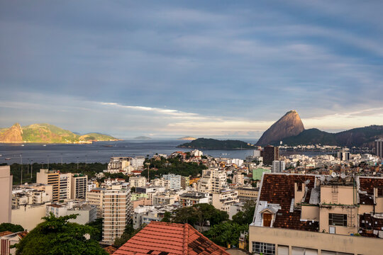City with Sugarloaf Mountain or Pao de Acucar at the mouth of Guanabara Bay on the Atlantic Ocean, from Parque das Ruinas, Santa Teresa, Rio de Janeiro, Brazil; Rio de Janeiro, Rio de Janeiro, Brazil