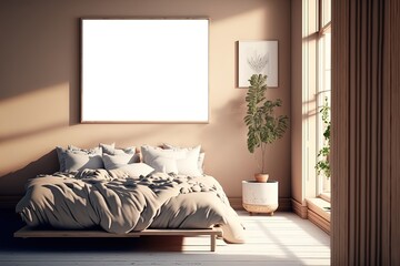 illustration of mock-up wall decor frame is hanging in minimal style, empty frame in bedroom 