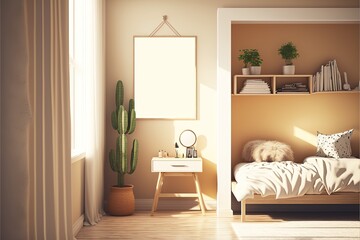 illustration of mock-up wall decor frame is hanging in minimal style, empty frame in bedroom 