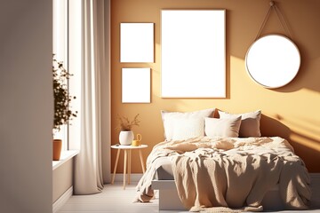illustration of mock-up wall decor frame is hanging in minimal style, empty frames in bedroom 