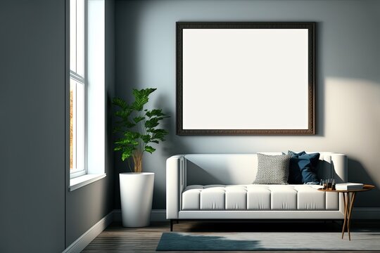 illustration of mock-up wall decor frame is hanging in minimal style, empty frame in living room