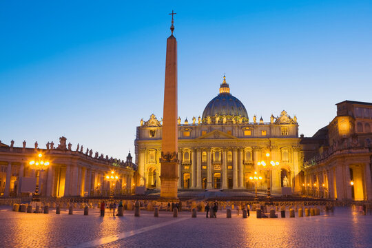 Saint Peter's Basilica and Saint Peter's Square at night; Rome, Italy