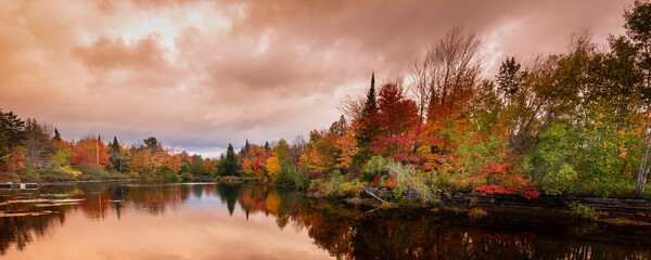 Vibrant colours of a forest along a tranquil river in autumn in the Laurentides; Quebec, Canada