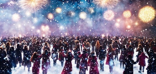 silhouette group of people celebrating new year standing next to each other under a fireworks display in the sky with their arms in the snowing air some holds glas of sparkling wine, generative AI