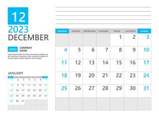 December 2023 template, Calendar planner 2023, week start on Monday, Desk calendar 2023 year, simple planner and clean design, Wall calendar design, Corporate planner template, Business template