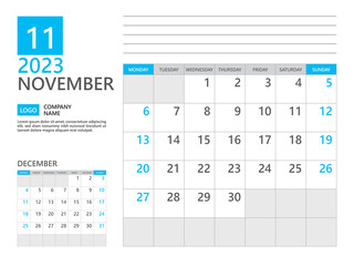 November 2023 template, Calendar planner 2023, week start on Monday, Desk calendar 2023 year, simple planner and clean design, Wall calendar design, Corporate planner template, Business template